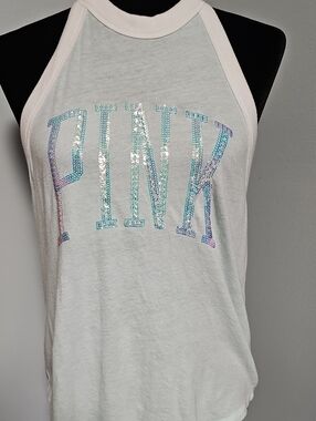 PINK Victoria's Secret White Halter Tank with Iridescent Sequin Logo